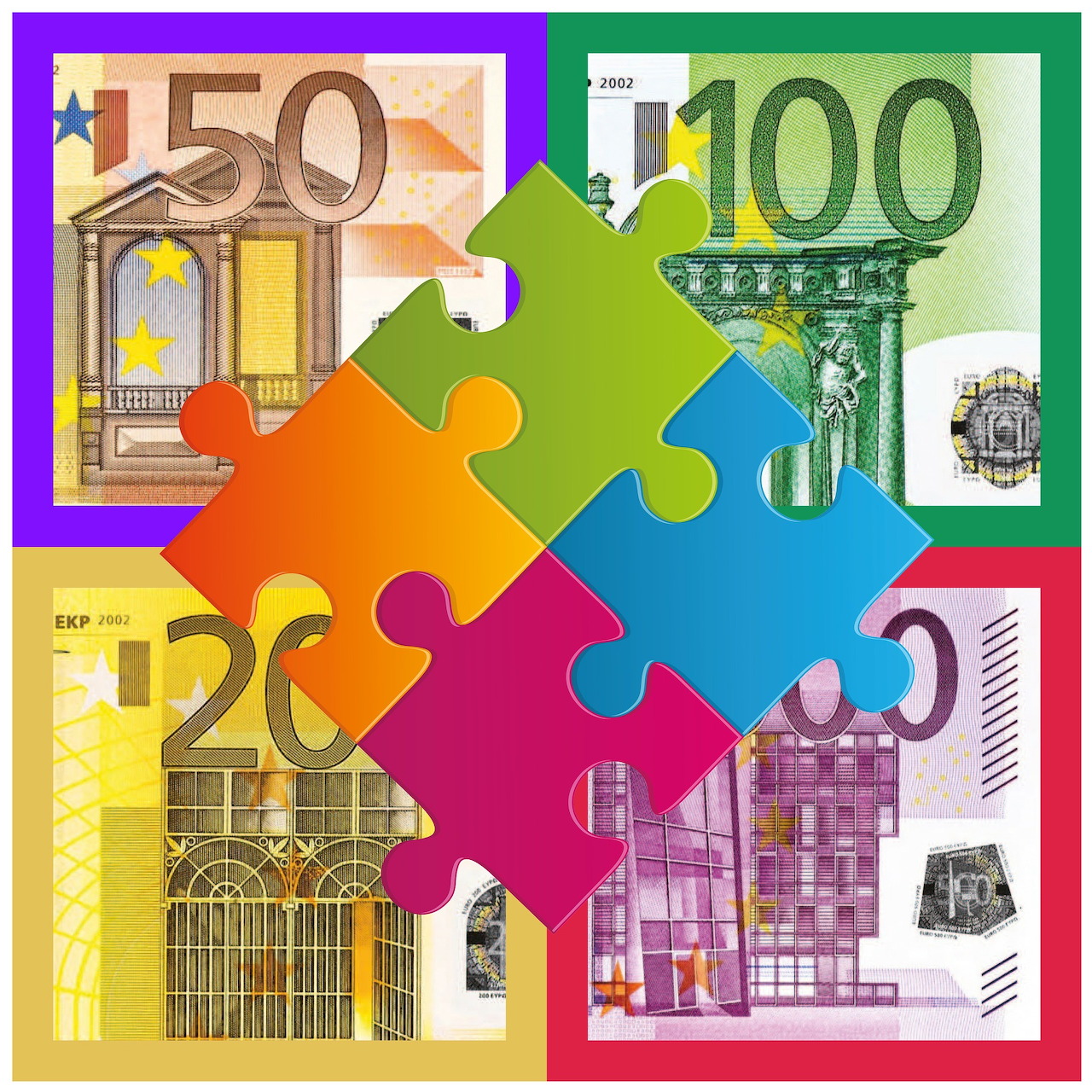Illustration of euro banknotes arranged as colorful interlocking puzzle pieces
