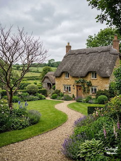 Quaint thatched roof cottage with stone walls, garden path, and green lawn in English countryside