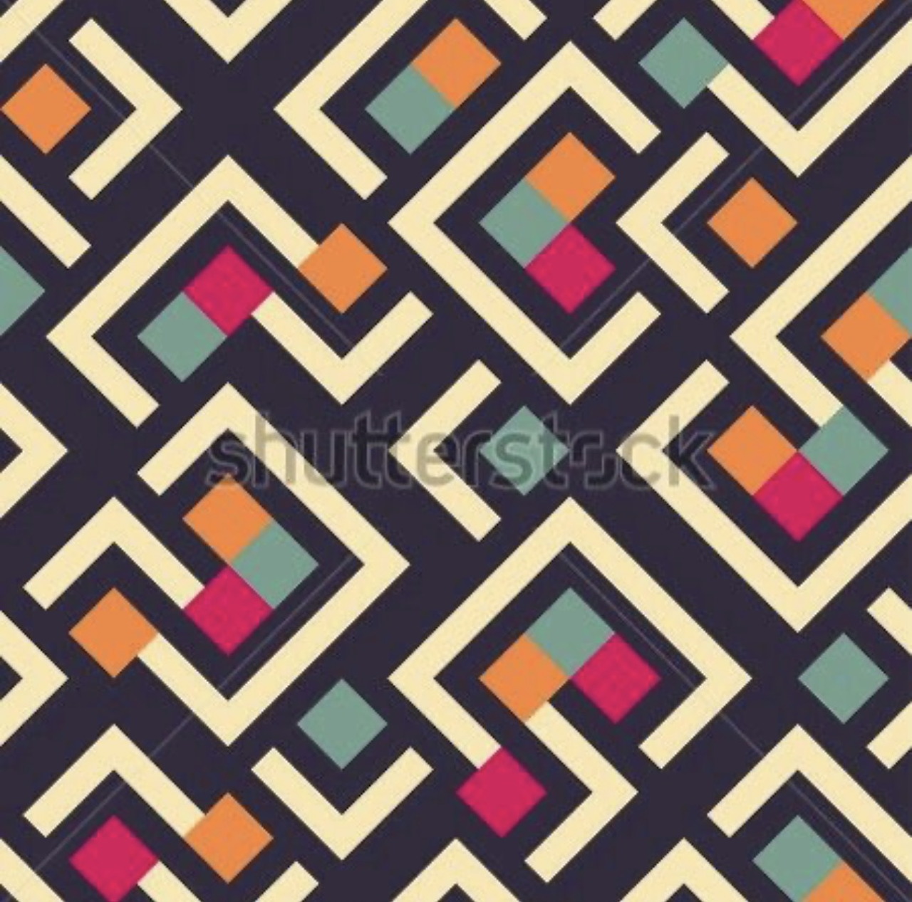 Repeating geometric pattern with colorful squares and angular lines on dark navy background