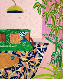 Illustration of tiger cat on green patterned sofa in pink room with tropical plants and yellow lamp