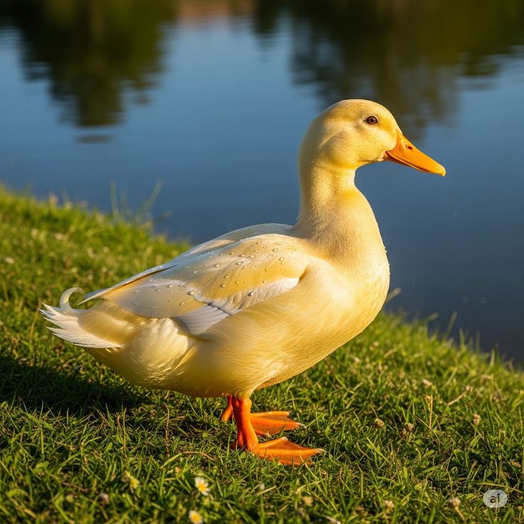 White duck standing on grassy bank beside water
