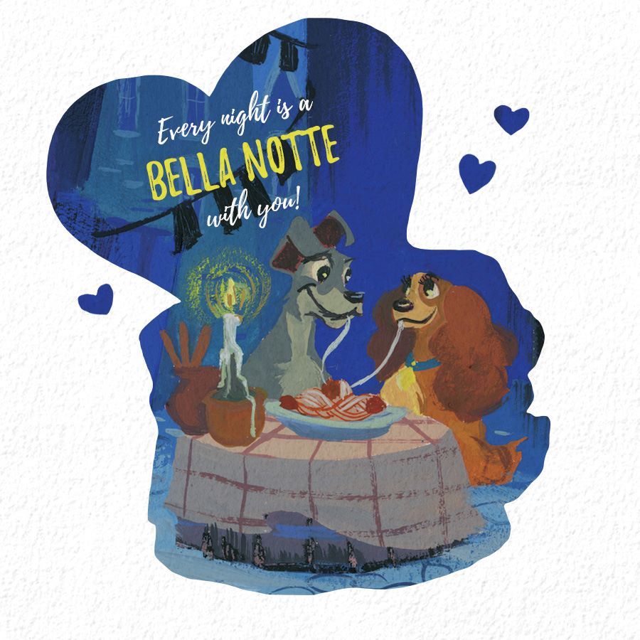 Lady and the Tramp romantic spaghetti dinner scene with hearts and Bella Notte text