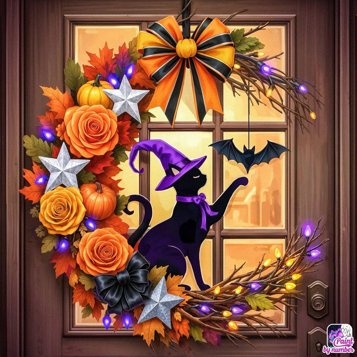 Halloween wreath with black cat, pumpkins, orange roses, bats and stars on wooden door