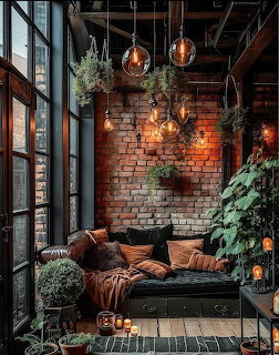 Cozy industrial loft corner with brick wall, hanging lights, green plants, and dark cushioned seating