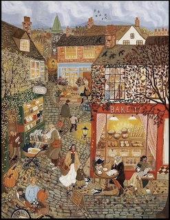 Folk art painting of a village street with bakery, cottages and people on cobblestones