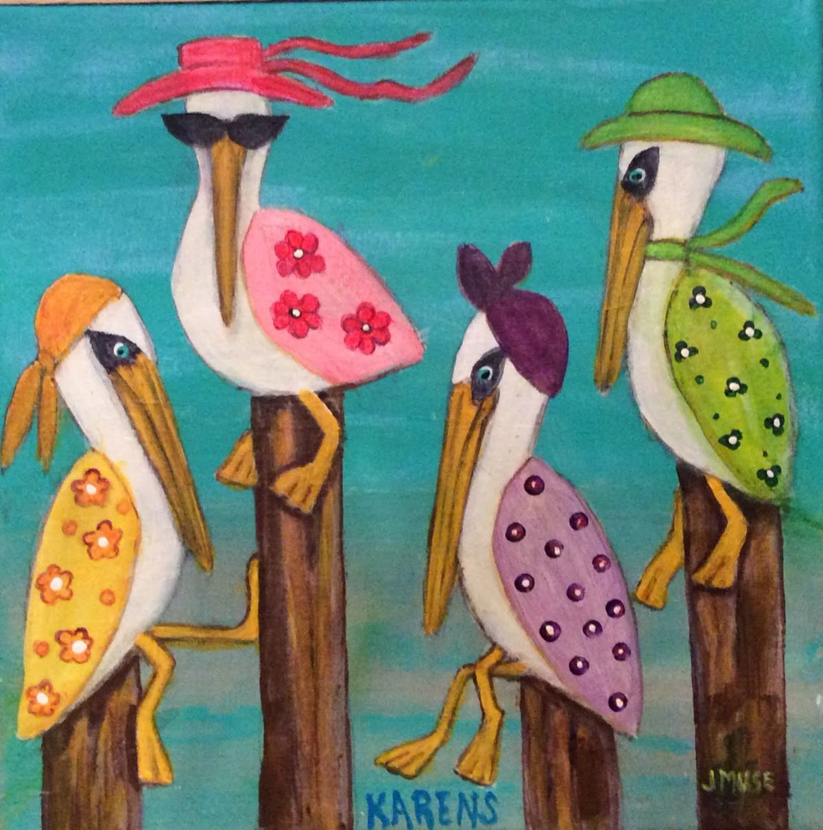 Painting of four colorful birds on wooden posts against a turquoise background