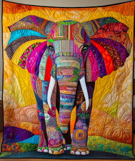 Colorful fabric quilt art showing an elephant made of rainbow patchwork strips on golden background
