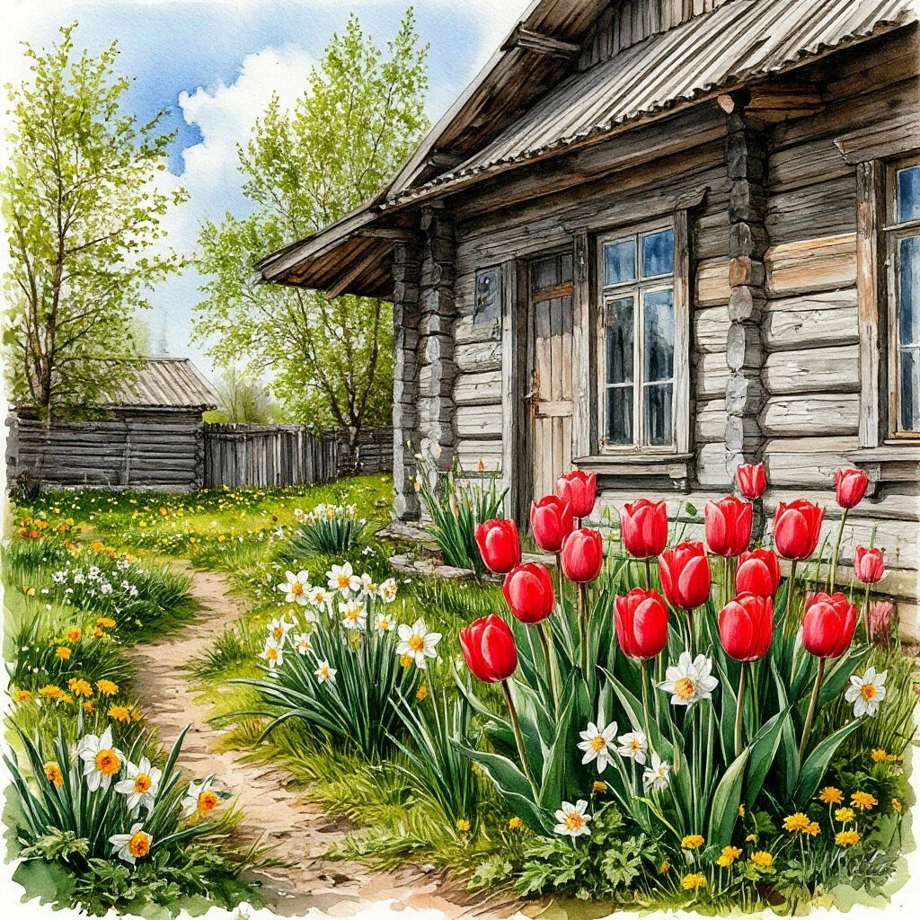 Rustic log cabin with red tulips and yellow daffodils blooming in spring garden along dirt path