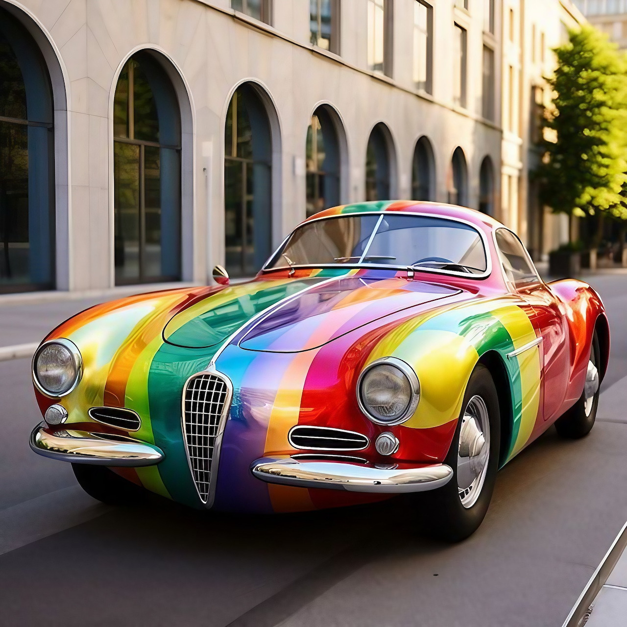 Classic Alfa Romeo coupe with rainbow-colored paint stripes parked on a city street