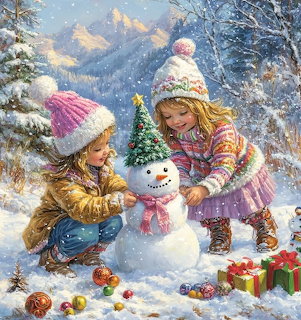 Two girls building a snowman in a snowy landscape with Christmas decorations and mountains in the background