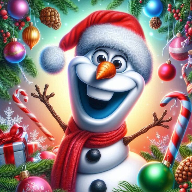 Cheerful snowman in Santa hat with Christmas ornaments and pine branches