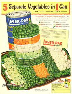 Vintage ad for Inner-Pak canned vegetables with colorful striped can and vegetable display on serving tray