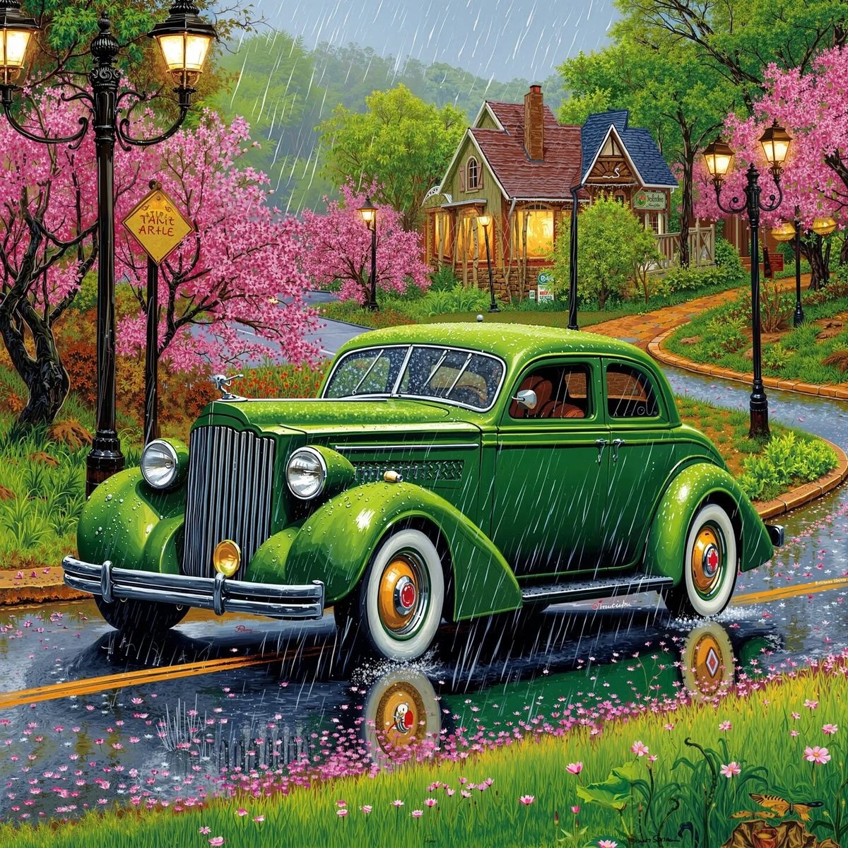 Green vintage car on a rainy road lined with pink blossom trees and houses