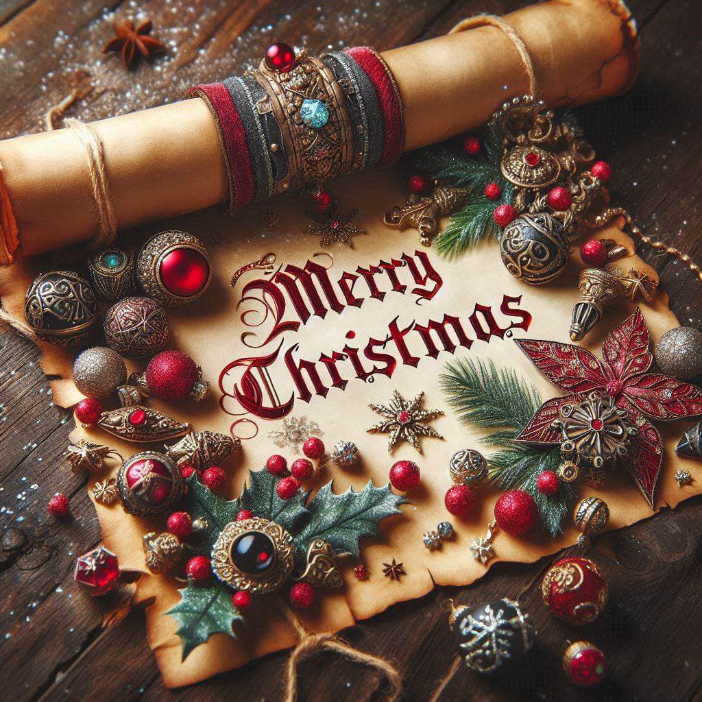 Decorative scroll reading Merry Christmas with ornate holiday ornaments and pine branches on wooden background