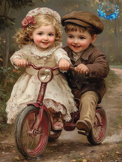 Two cheerful vintage children in period dress sitting together on a red tricycle in a painted outdoor setting