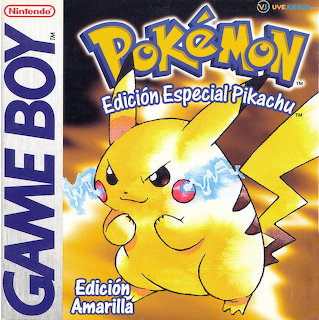 Pikachu on Pokémon Yellow Game Boy cover with lightning bolts and sunburst background