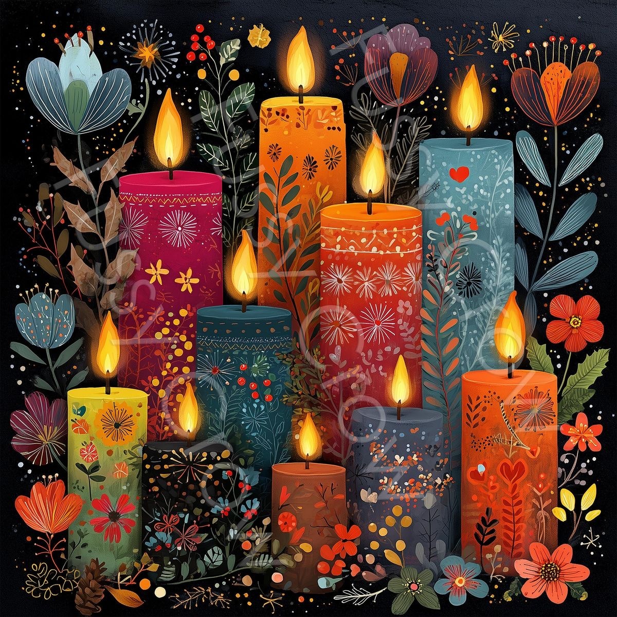 Colorful decorative candles with intricate folk patterns and flowers on dark background