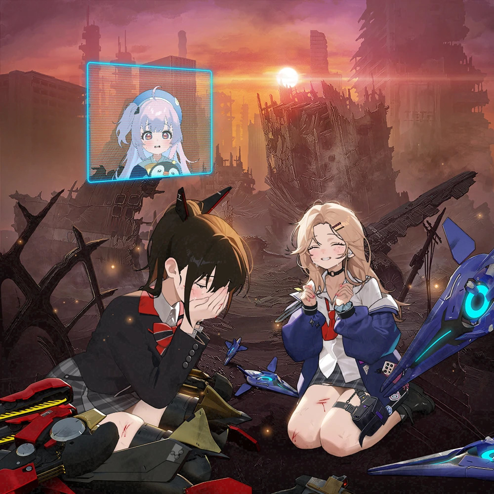 Three anime girls with weapons in destroyed city at sunset