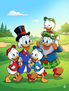 Donald Duck family group including nephews Huey, Dewey, Louie and Uncle Scrooge McDuck standing in park setting