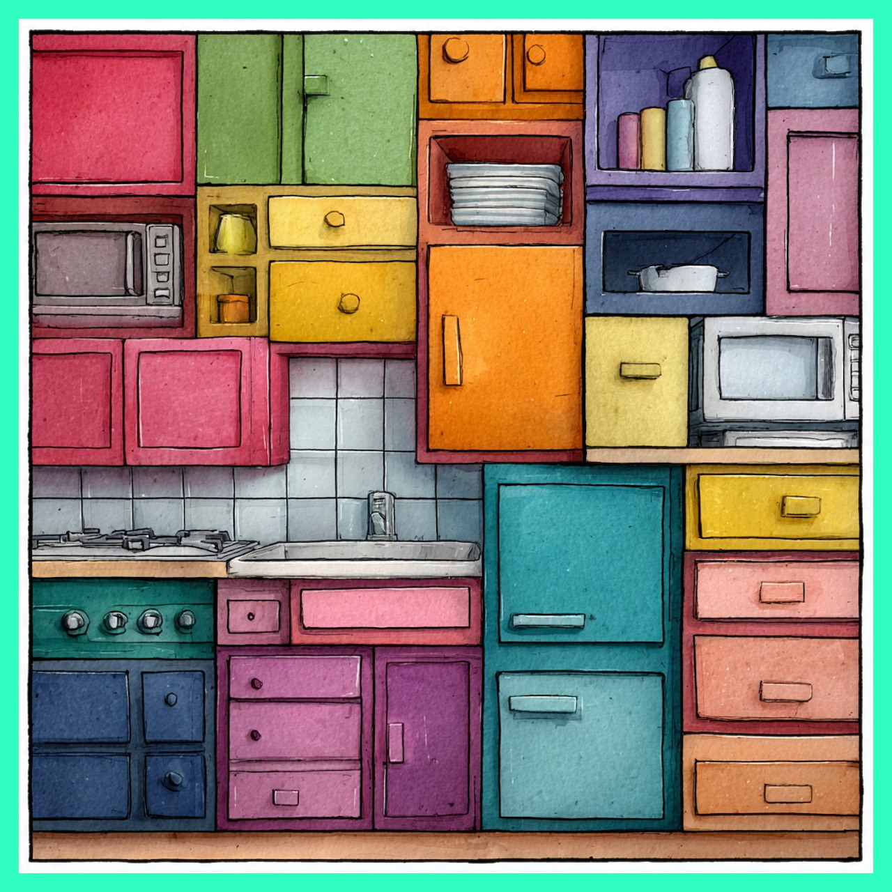 Colorful illustrated kitchen with rainbow cabinets, microwave, oven, and white tile backsplash