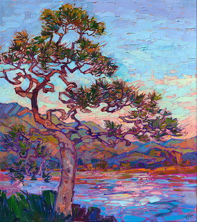 Impressionist painting of gnarled pine tree over vibrant coastal water at sunset