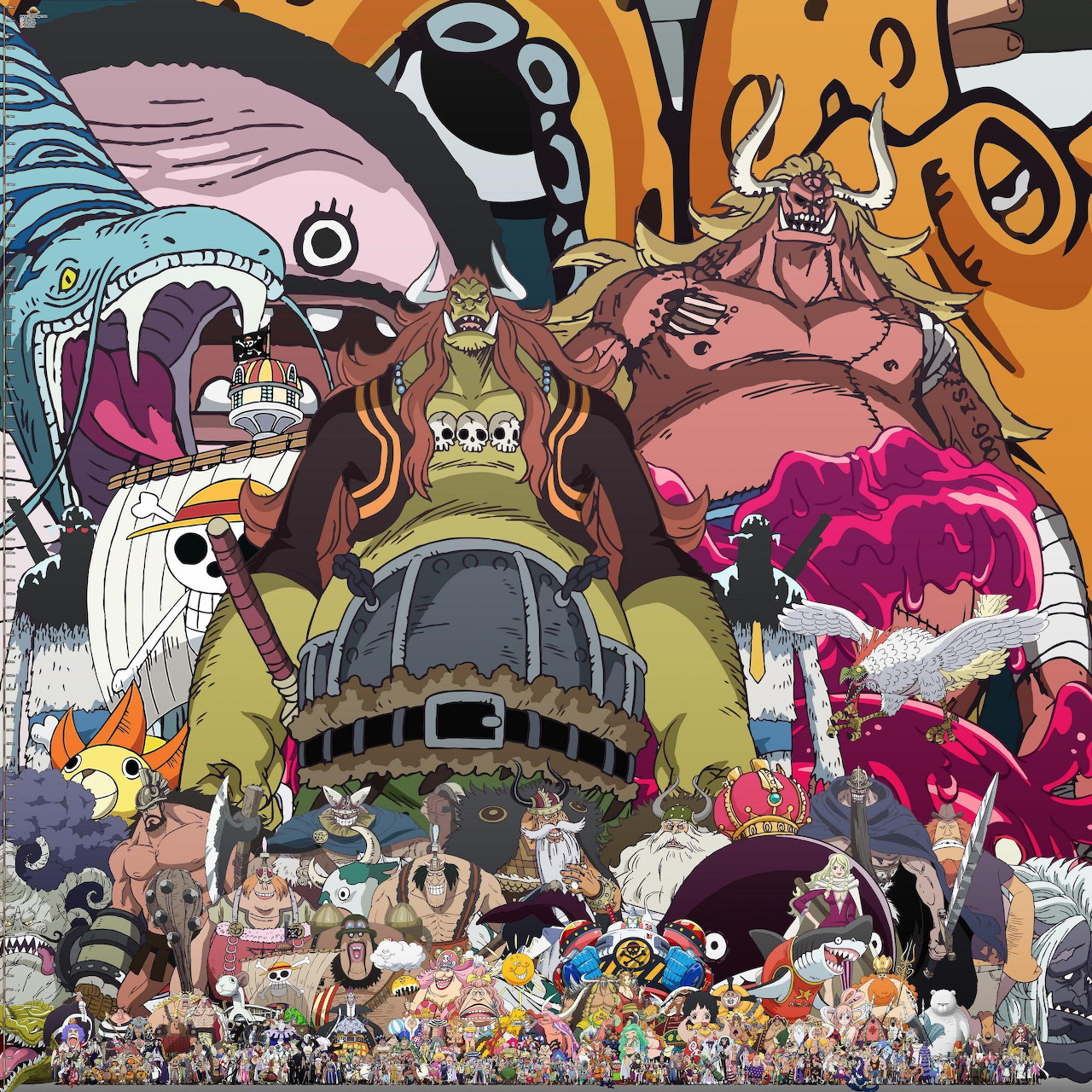 One Piece anime characters arranged vertically by height in a colorful collage composition