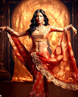 Woman in red and gold Indian lehenga posing with arms outstretched against golden background