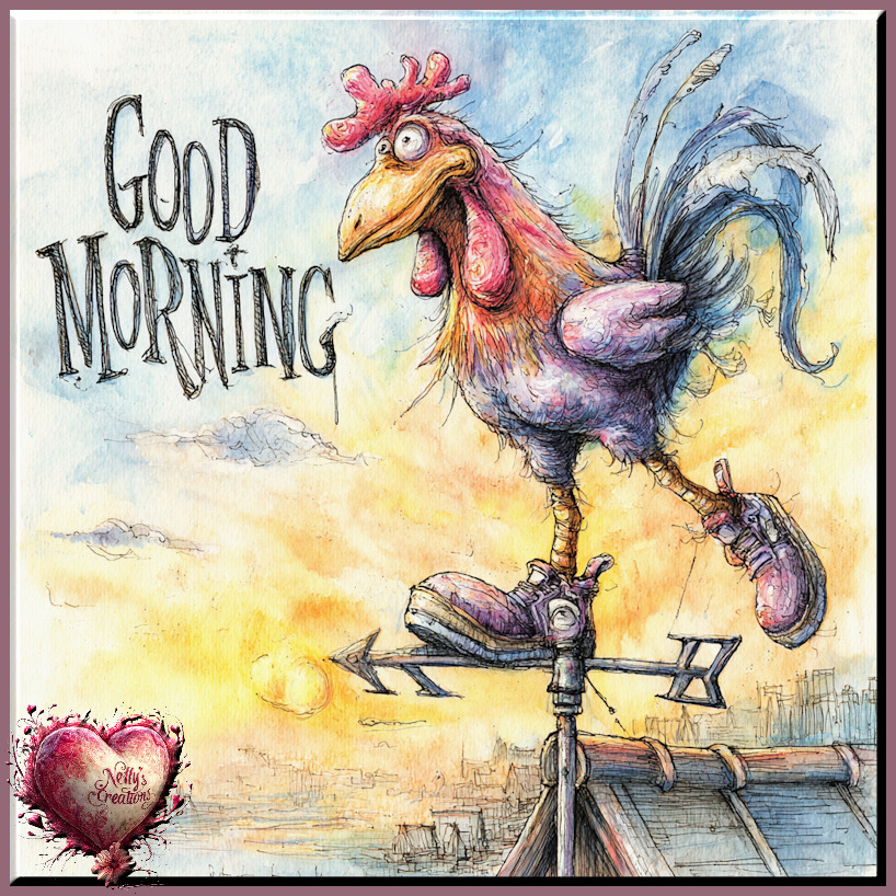 Illustration of a whimsical rooster weather vane with Good Morning text and a heart