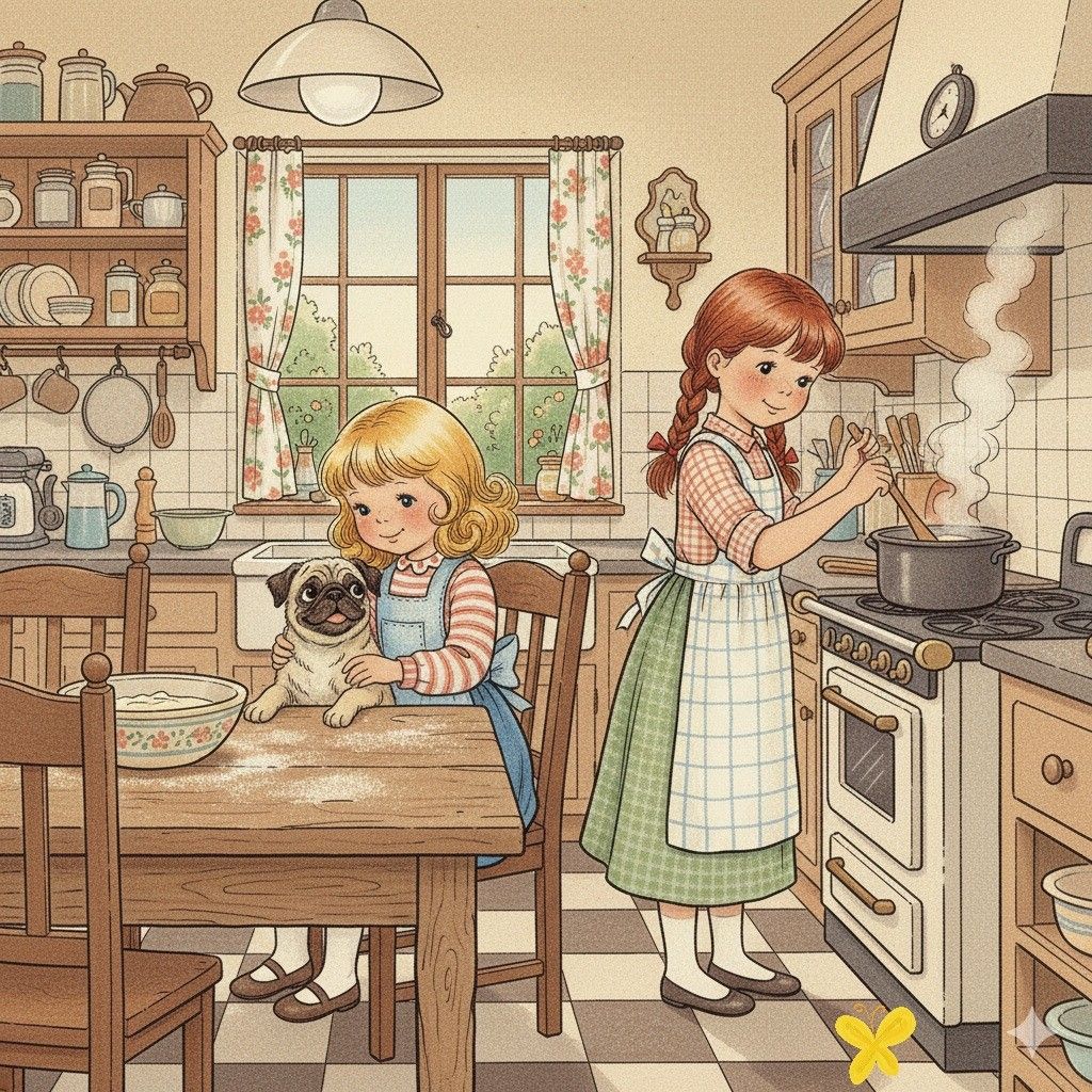 Illustration of a mother cooking in a cozy kitchen while a girl at the table holds a small dog
