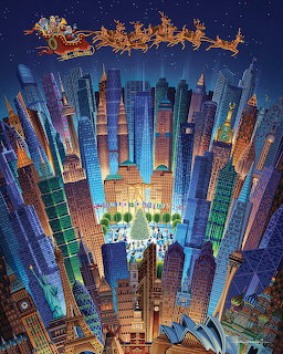 Folk art painting of Santa and reindeer flying above world landmarks radiating outward in colorful strips