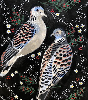 Two illustrated turtle doves with holly, berries, and small flowers on a black background