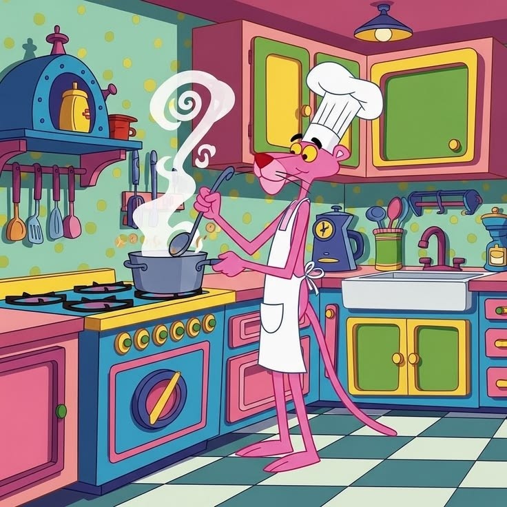 Pink Panther cartoon character cooking at a stove in a colorful kitchen
