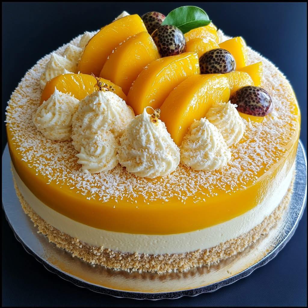 Round layered mousse cake with mango slices, passion fruit, cream rosettes, and coconut coating