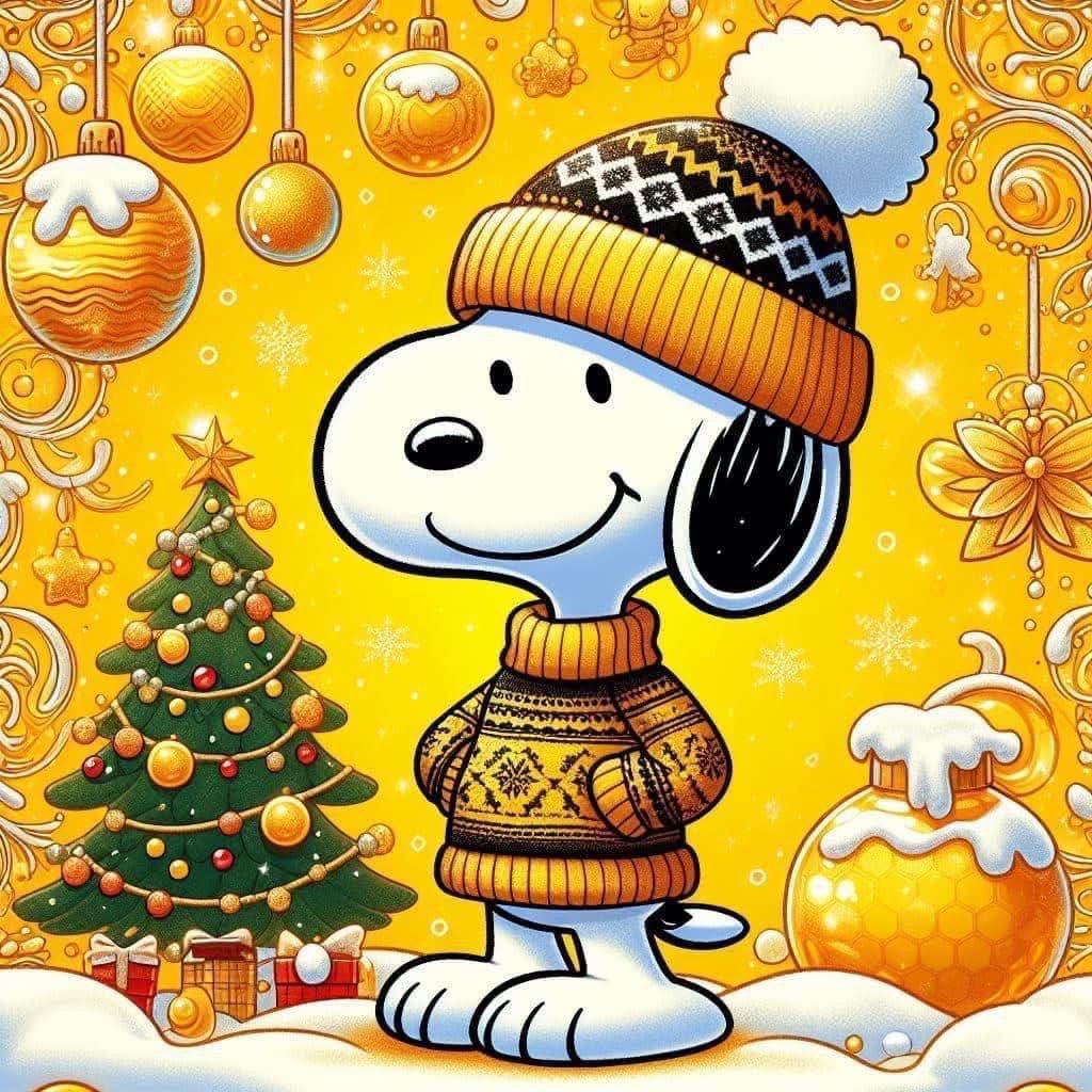 Snoopy in winter sweater and hat next to decorated Christmas tree with golden ornaments and snow