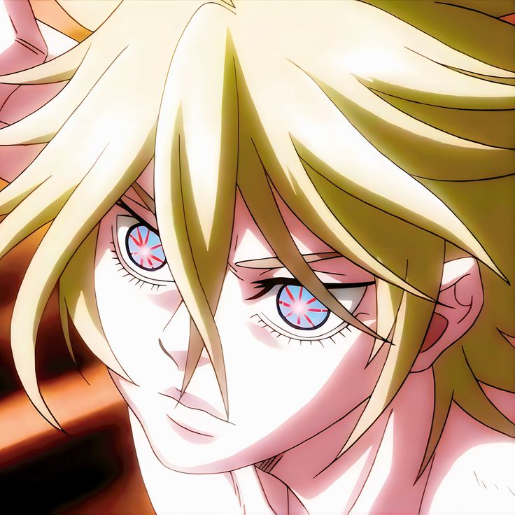 Anime portrait of blonde character with blue eyes and flowing hair