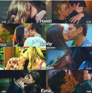 Collage of eight kissing scenes from Pretty Little Liars TV show featuring four couples labeled Haleb, Spoby, Emison, and Ezria