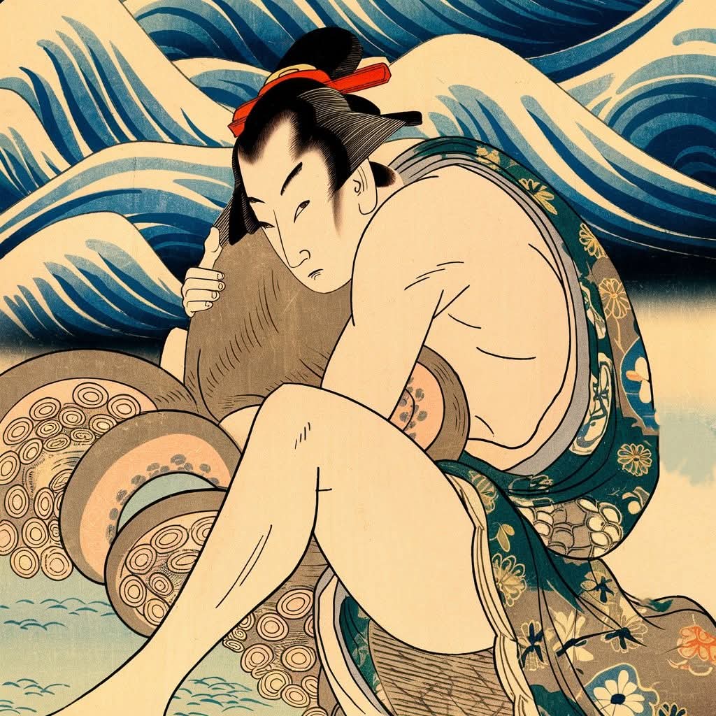 Vintage-style illustration of a crouching male diver beside an octopus with stylized waves
