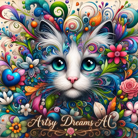 Colorful illustrated cat face with big blue eyes, flowers, and swirling fantasy patterns