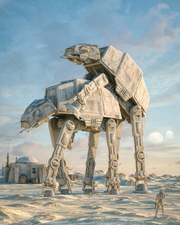 AT-AT walker from Star Wars on snowy ground with blue cloudy sky