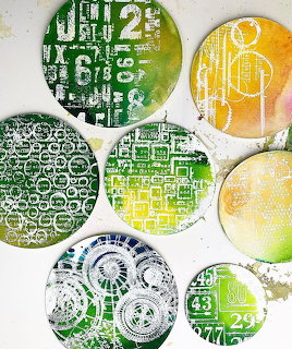 Overlapping circles with abstract numbers and patterns in green, yellow and white