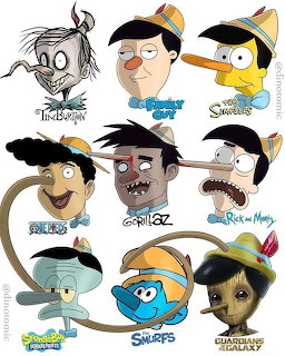 Grid of nine different cartoon characters from popular animated series including Simpsons, Smurfs, and others
