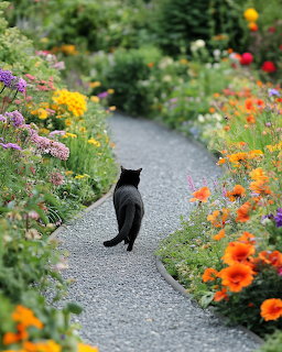 Black cat walking away on curved gravel path bordered by colorful flowering garden beds