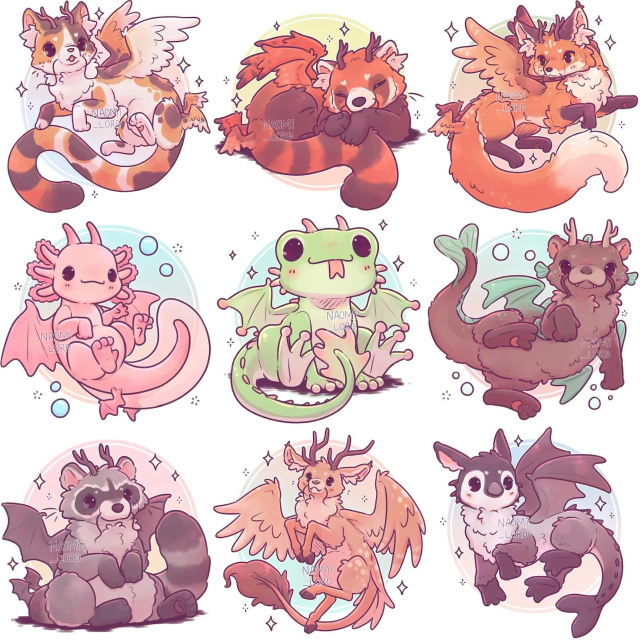 Nine cute fantasy creatures with wings, horns and tails in pastel colors arranged in a 3x3 grid