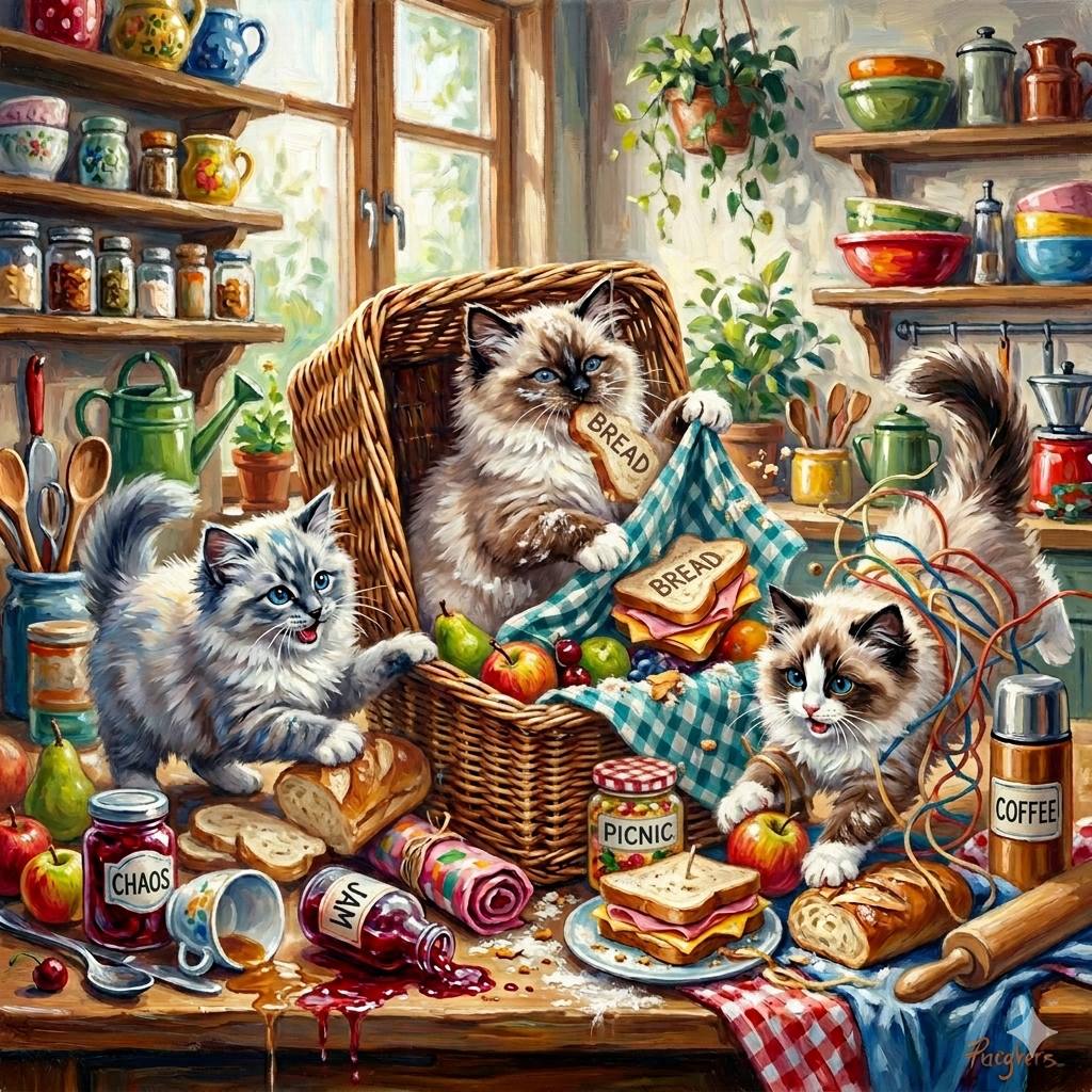 Three kittens with wicker baskets, picnic food, and kitchen shelves filled with colorful pottery and jars