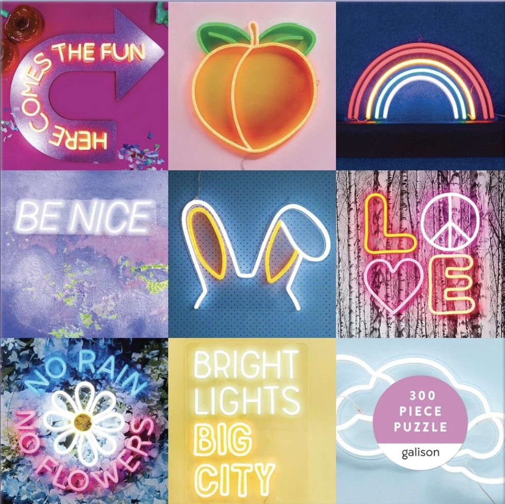 3x3 grid of colorful neon sign illustrations with peach, rainbow, peace symbols, and glowing text on varied backgrounds