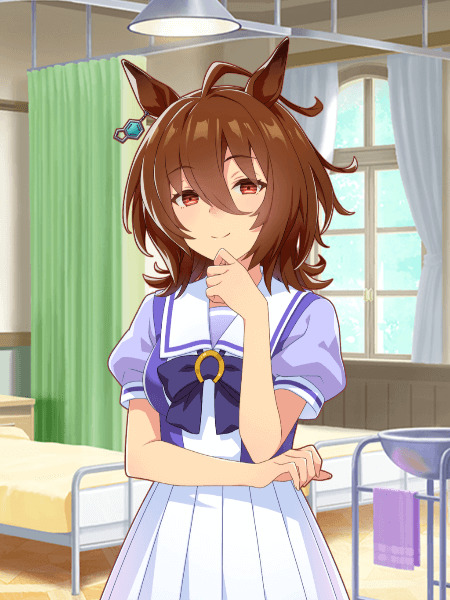 Anime girl with brown horse ears in blue-white sailor uniform standing in a school infirmary setting