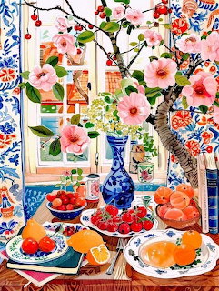 Colorful painting of pink flowers, blue vases, and fruit on a table by an open window