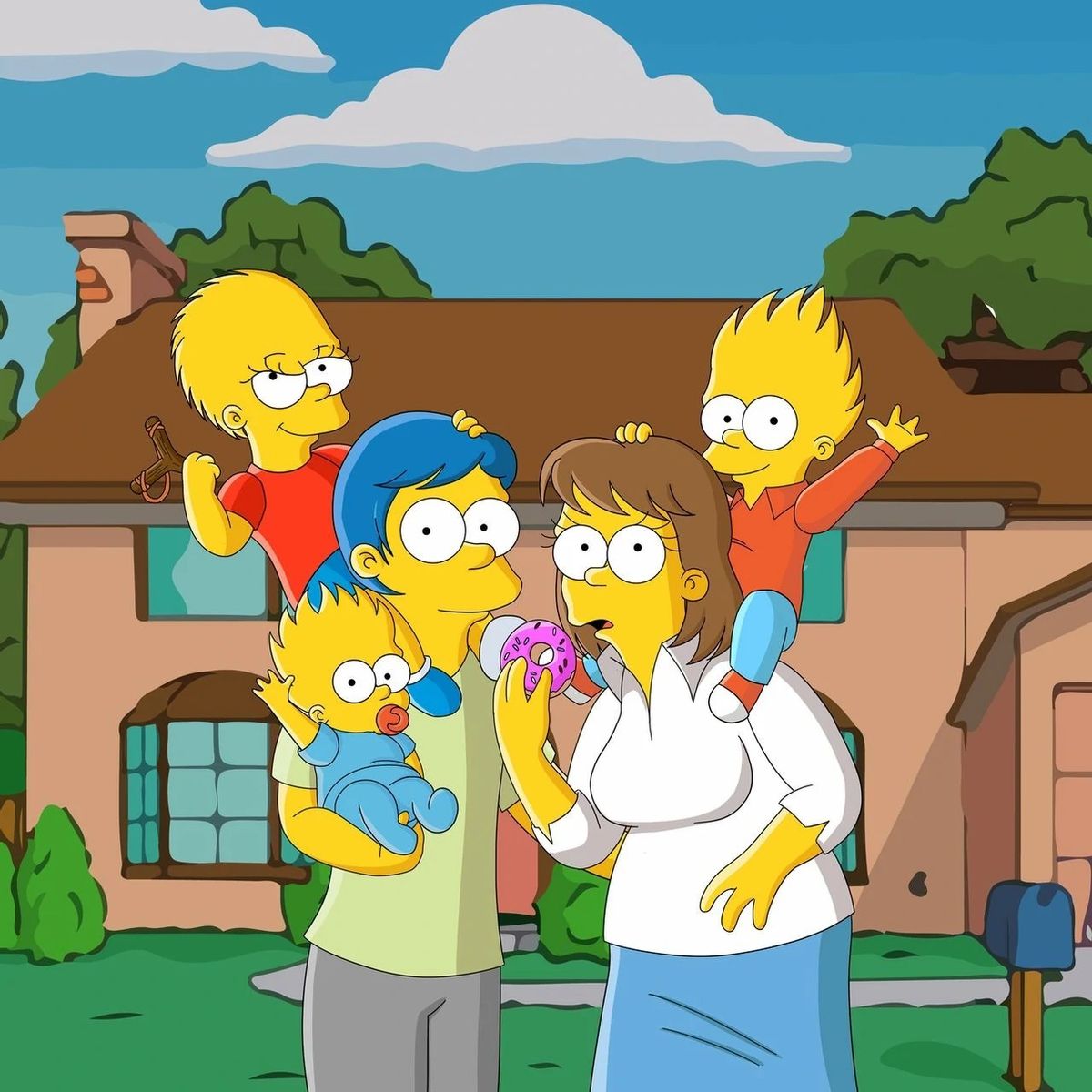 The Simpson family standing together outside their house with blue sky and clouds