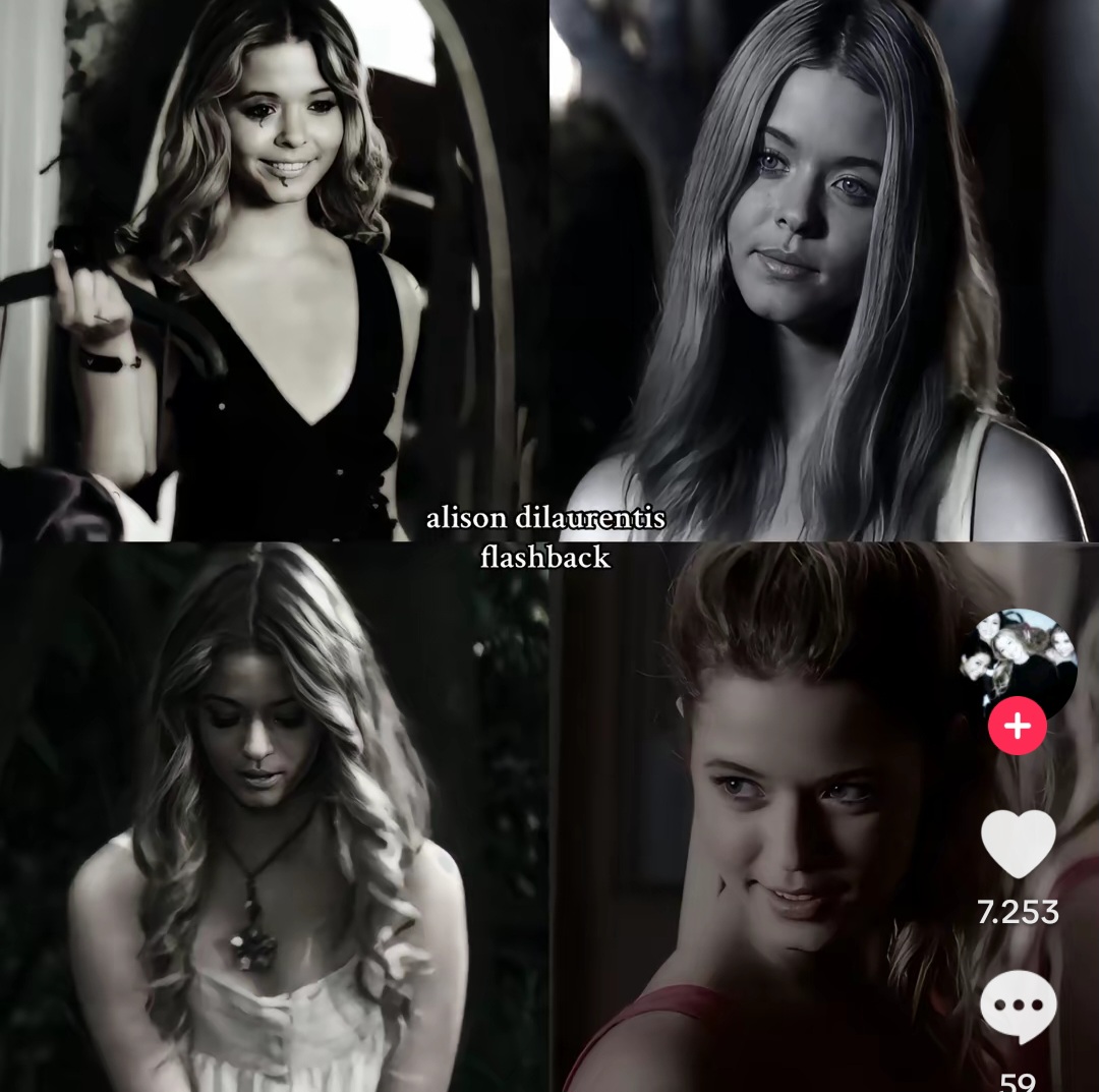 Four-panel dark collage of Alison DiLaurentis in close-up portrait shots