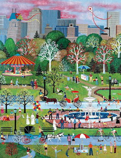 Colorful folk art painting of Central Park with blooming trees, NYC skyline, pond, flowers, and park visitors in springtime
